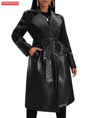 Faux Leather Jacket Womens Trench Coat Long Loose Belted Motorcycle Coat
